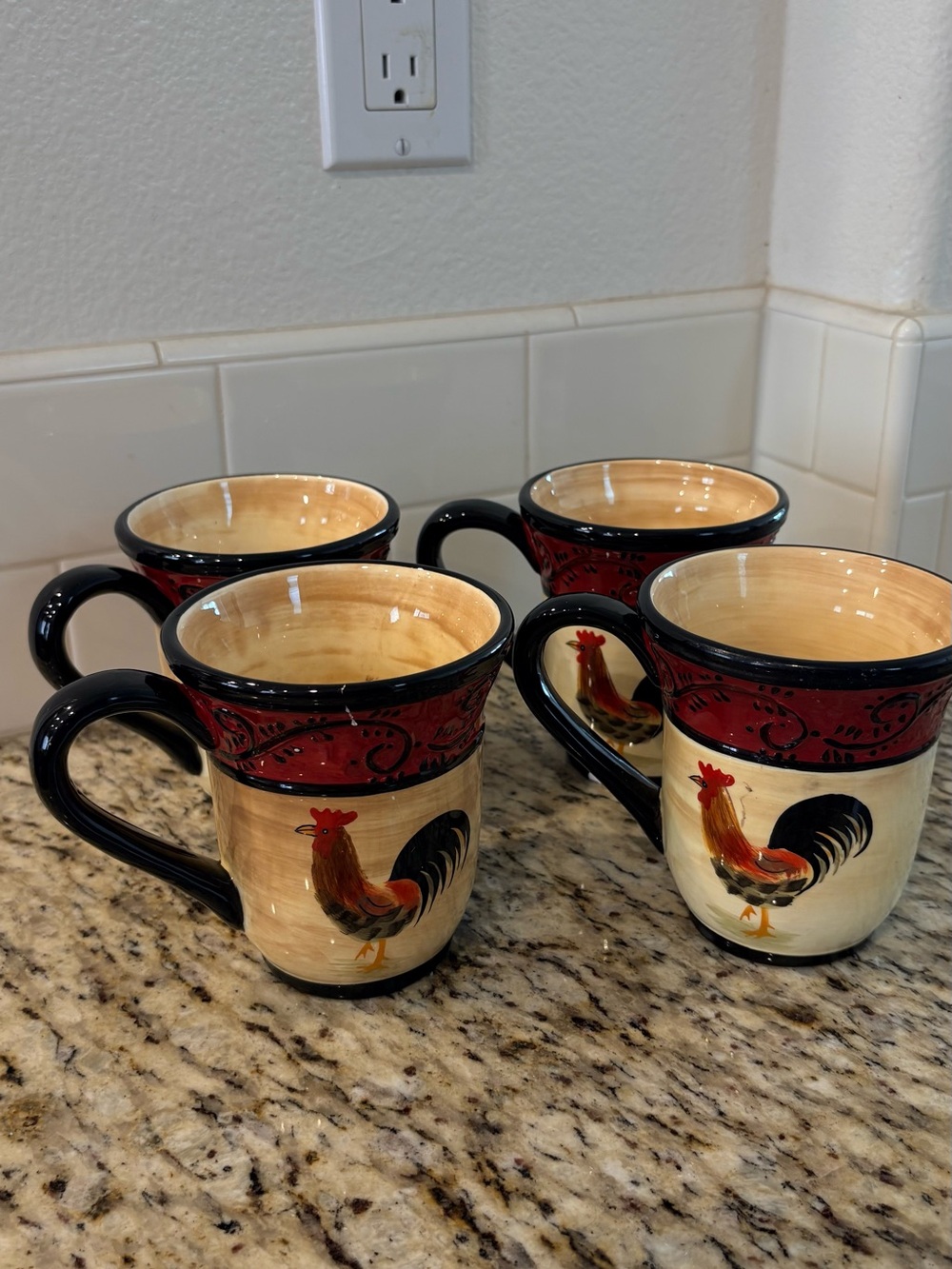 Farmhouse Rooster Ceramic Mugs - Red and Cream (Set of 4)
